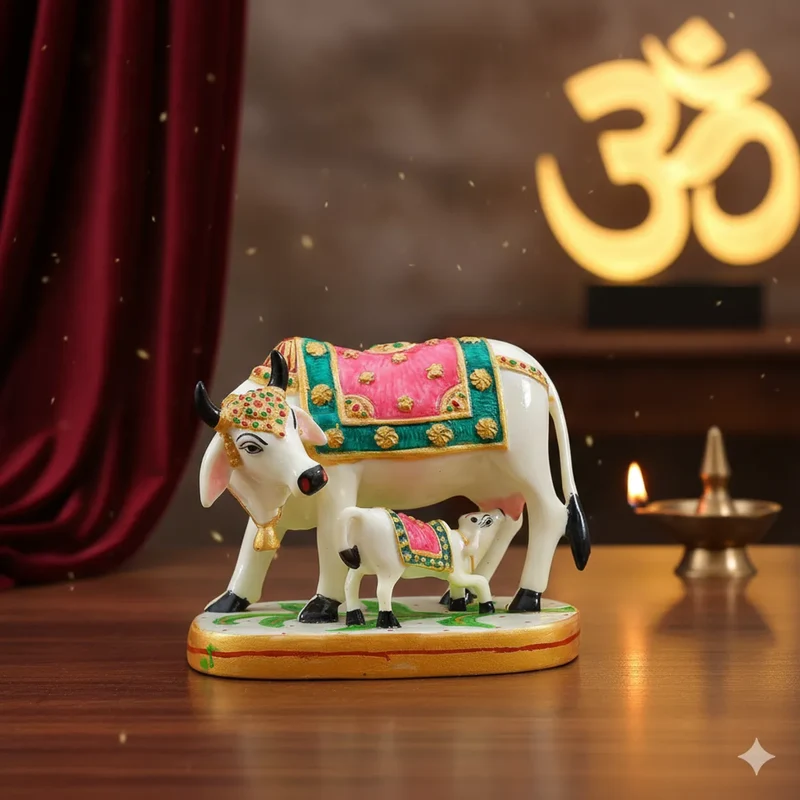 Golden Kamdhenu Cow & Calf Statue for Home