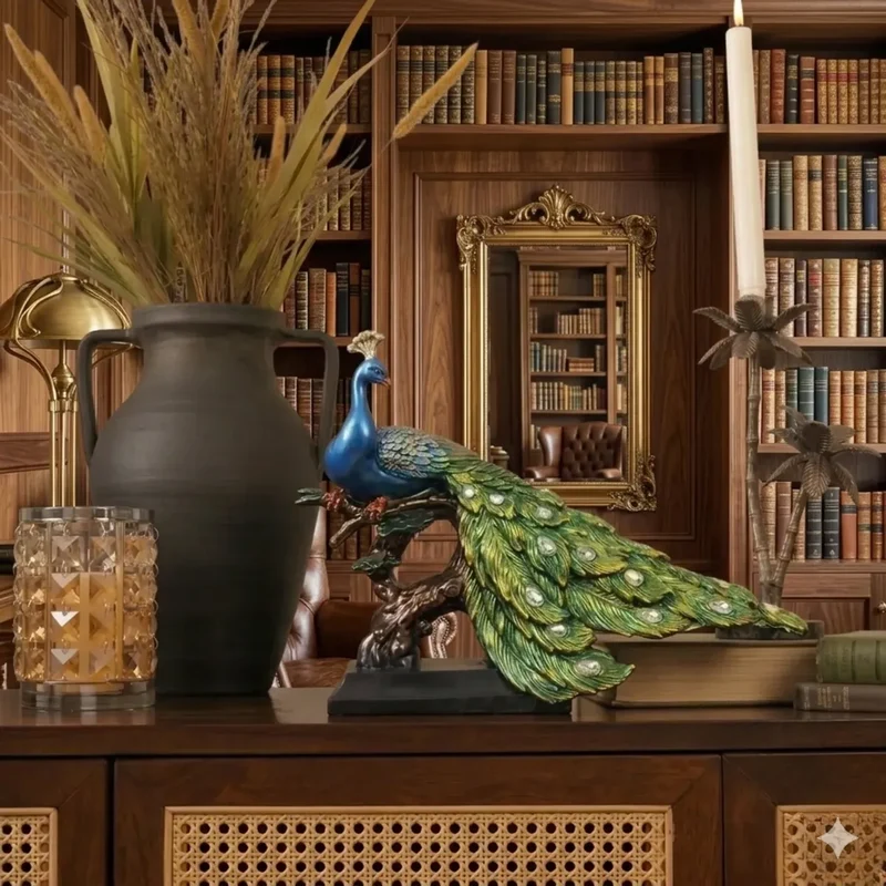 Blue Majestic Peacock Statue with Jeweled Tail, Design 2